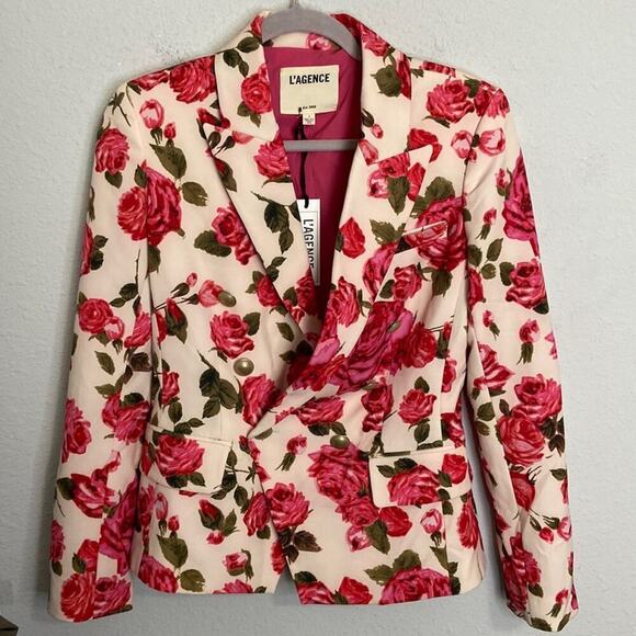 L'AGENCE Jackets & Blazers - L’agence Barbiecore Kenzie Wild Roses Floral Long Line Double Breasted Blazer